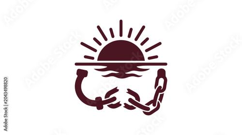 Bild auf Leinwand A dark maroon icon depicting a rising sun over water with broken chains