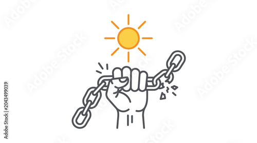Obraz na płótnie A hand breaking a metal chain under a shining sun illustration.