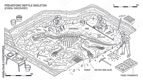 Foto Paleontology Dig Site: Excavating Prehistoric Reptile Skeleton Fossil Discovery