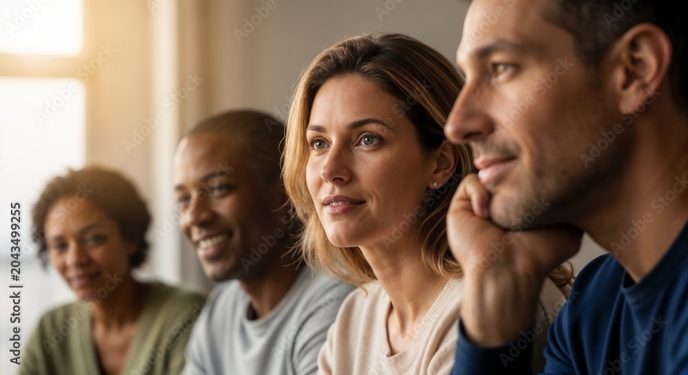 Fototapeta premium Group therapy session with attentive participants listening intently to a discussion. Group therapy involves sharing experiences and support among individuals seeking recovery from addiction.