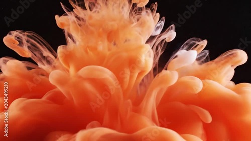 White and orange ink clouds swirling and dissolving in clear water, abstract liquid background.