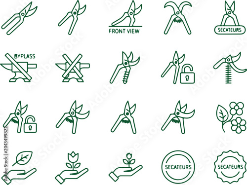 Tableau sur toile Garden secateurs bypass anvil pruning shears set tool icons isolated on transparent background