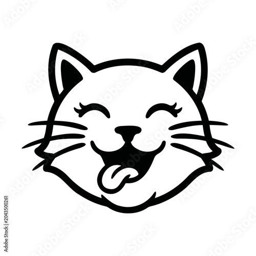 Black and white cartoon cat face with tongue out Vector, illustration