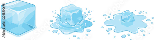 Realistic Ice Cube Melting Stages Collection Featuring Frozen Water Splash and Liquid Puddle Vector Illustration