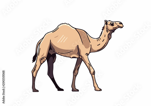 Photography Single hump dromedary camel walking side profile view detailed flat color vector