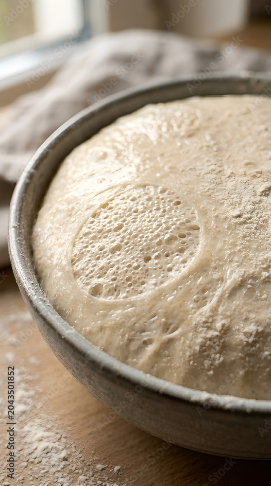 Fototapeta premium Fresh rustic bread dough rising in a ceramic bowl