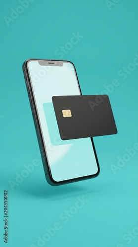 Smartphone banking app for digital mobile payment on emerald background, contactless payment concept