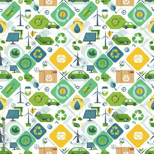 Eco friendly green energy and transport symbols pattern.