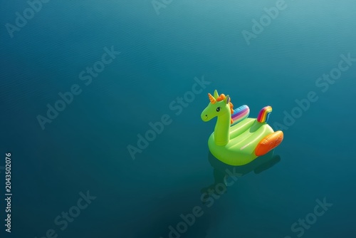 Inflatable green unicorn pool float drifting on calm blue water. Summer vacation and leisure concept. Joyful swimming accessory for beach activity  holiday fun and aquatic recreation.