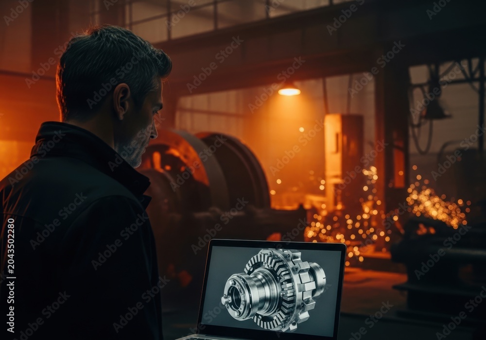 Fototapeta premium Engineer analyzing a 3d model of an engine in a factory setting with machinery in the background.