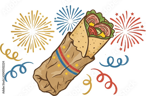 Burrito wrapped in decorative paper celebrates a festive occasion with bright fireworks display.