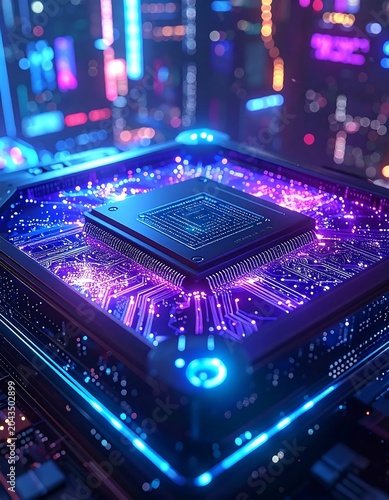 Glowing Futuristic Microchip Resting on Illuminated Circuit Board in Neon City Setting