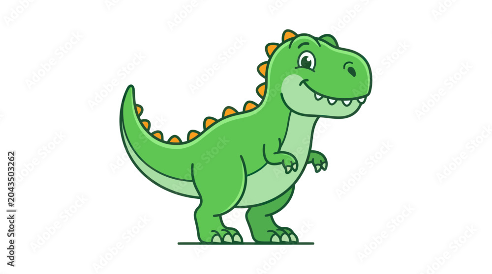 Fototapeta premium Cute cartoon green dinosaur with orange spikes on white background, friendly t-rex illustration