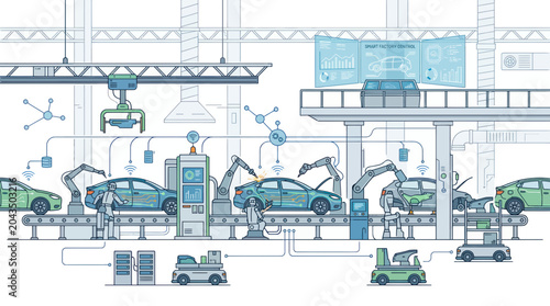 Automotive Industry Smart Factory Production Line with Robots and AI