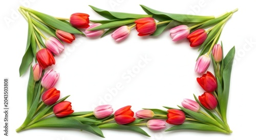 A vibrant arrangement of red and pink tulips in a rectangular frame