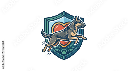 Canvastavla A dynamic German Shepherd dog leaping in front of a protective shield emblem with a heart