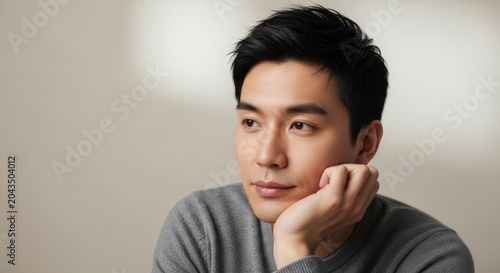 A thoughtful man with short black hair and a gray sweater in a soft-focused background