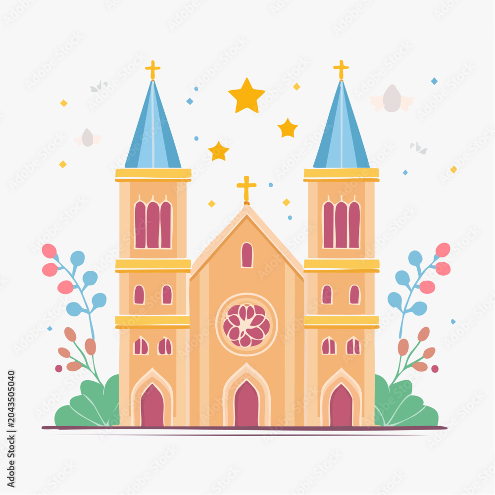 Obraz premium Stylized Church Building with Towers and Crosses