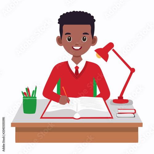 Young boy studying at desk with lamp and books