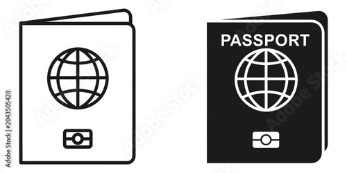 Fotografie Two passport icons with globe and symbol on white background during conceptualiz