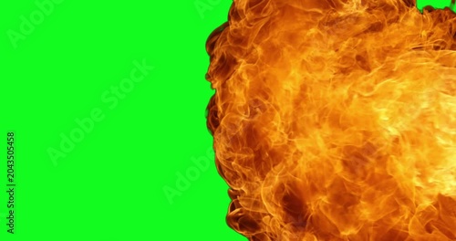 Realistic super slow motion fire blast explosion isolated on green screen background. Massive expanding flame burst ideal for VFX compositing, action scenes and cinematic effects.