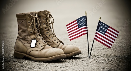 Patriotic military boots with american flags on gravel background