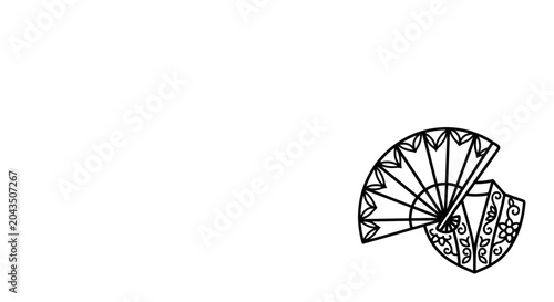Foto A detailed black and white line art illustration of a traditional folding fan and a decorative pouch