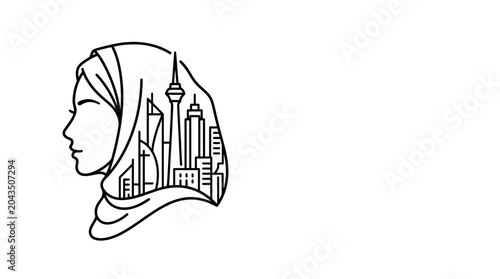 Tableau sur toile Line art illustration of a woman wearing a hijab with a city skyline silhouette