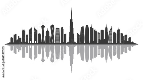 Detailed black silhouette of the Dubai city skyline with water reflection.
