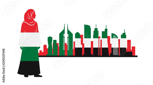 Obraz na plátně A stylized illustration of a woman wearing a hijab featuring the UAE flag colors