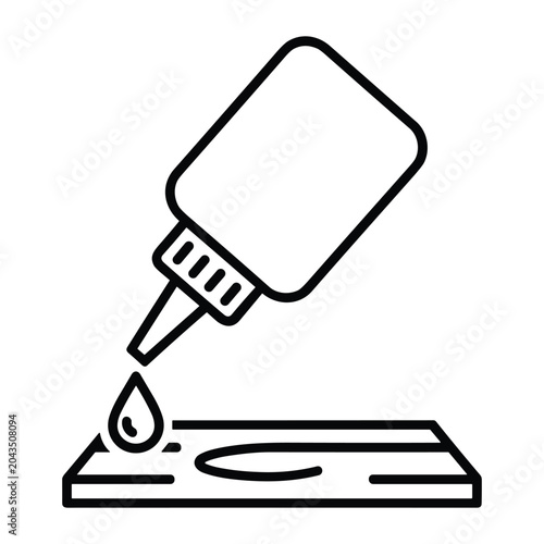 Minimalist glue bottle icon, liquid adhesive drop on surface vector, industrial super glue line art illustration