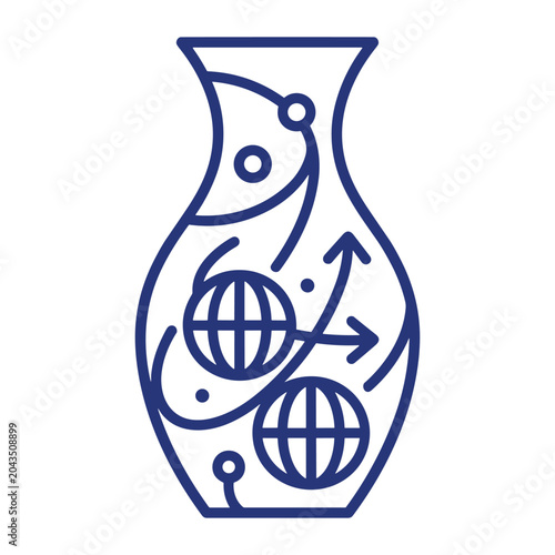Minimalist blue vase icon, ceramic pottery with global network pattern, modern line art vase vector for logistics