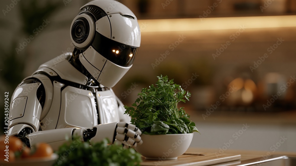 Fototapeta premium Ultra Realistic Humanoid Robot Preparing Healthy Food in Modern Kitchen