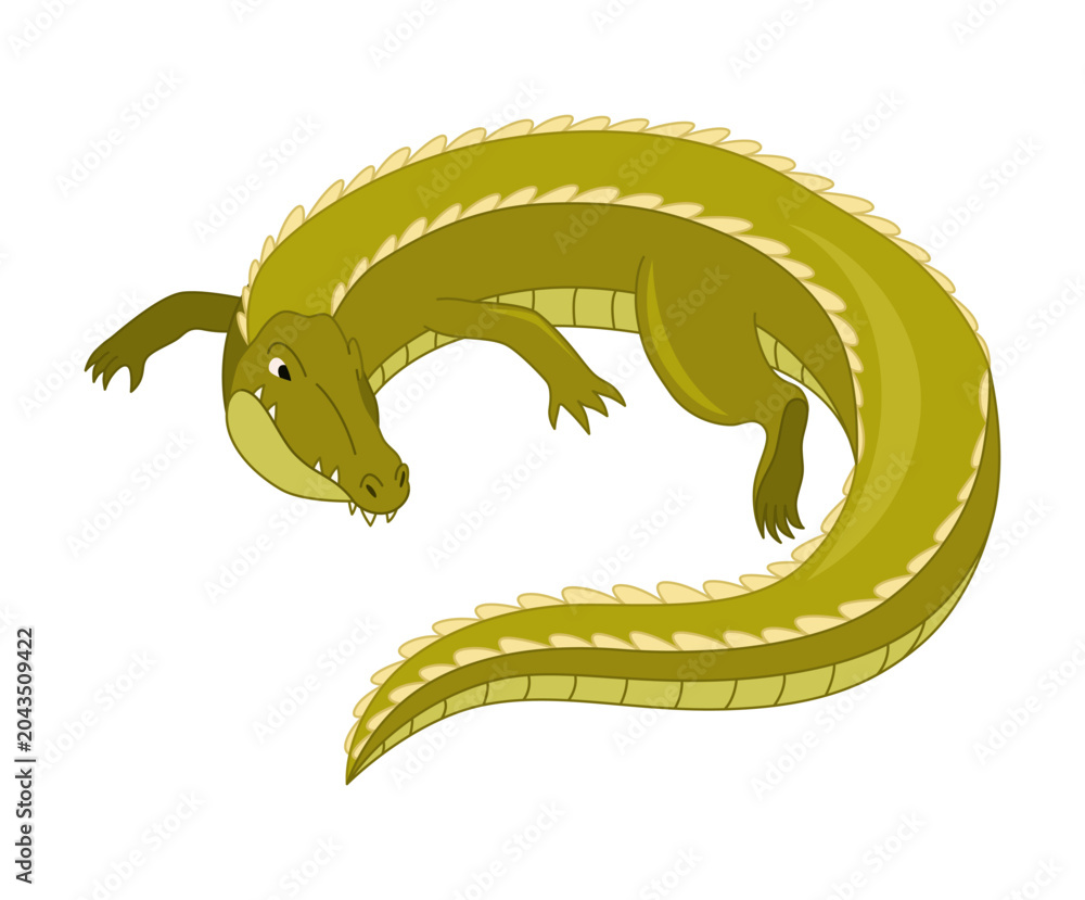 Fototapeta premium Cartoon green crocodile, perfect for childrens book illustrations, educational materials, or wildlife themed designs. Vibrant alligator character