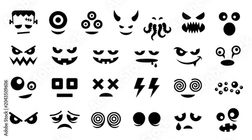 Minimalist Monster Face Silhouette Sheet – 24 Hideous Expressions