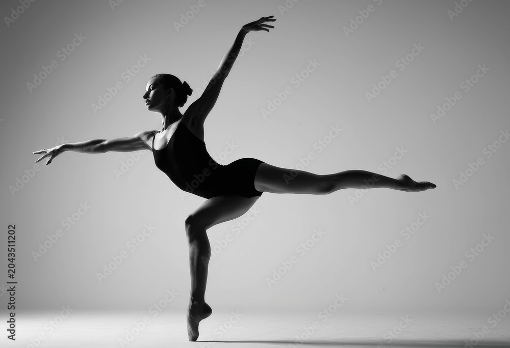 Fototapeta premium Beautiful and dynamic silhouette-style portrait of a ballerina standing out in a spotlight