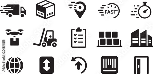 Foto Supply, chain and delivery icon collection with solid black symbols representing