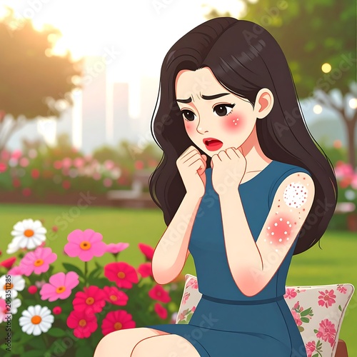 Worried Young Woman Showing Skin Rash on Arm While Sitting in Flower Garden