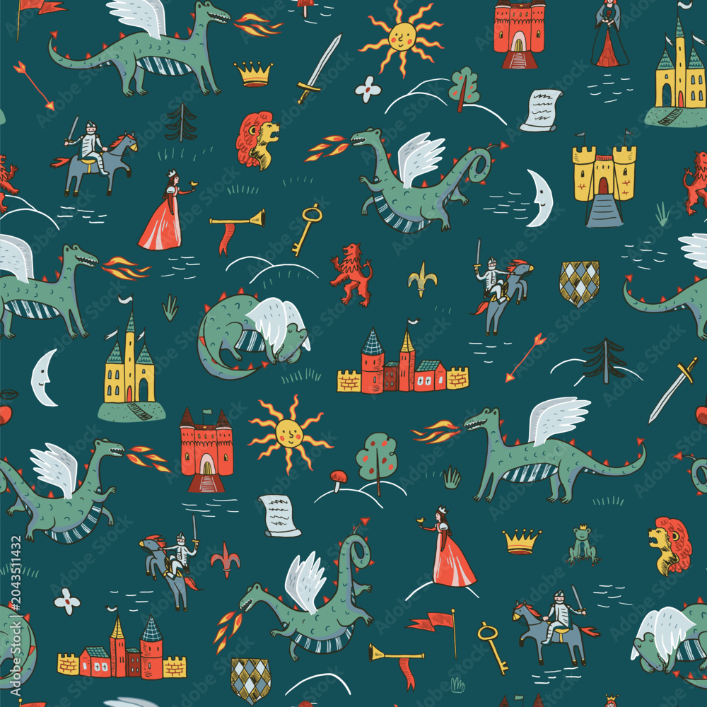 Naklejka premium Cute Fairy Tale Seamless Pattern with Dragons, Castles, Knights and Royal Symbols