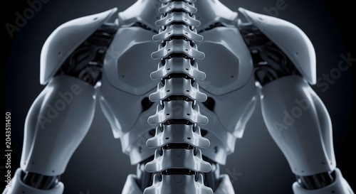 A detailed rear view of a white humanoid robot showcasing its spinal structure and mechanical back.
