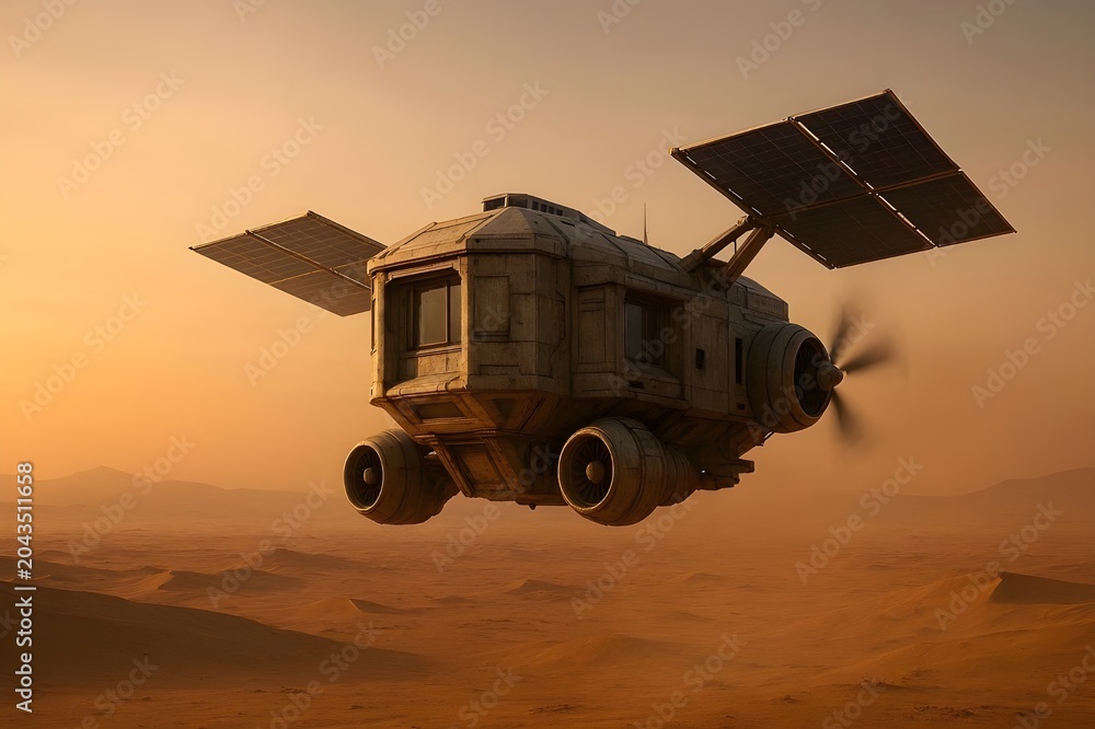 Fototapeta premium Advanced Desert Research Drone House with Expanding Solar Wing Technology
