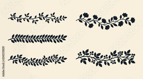 Vintage floral dividers with hand drawn leafy branches and decorative borders on beige background