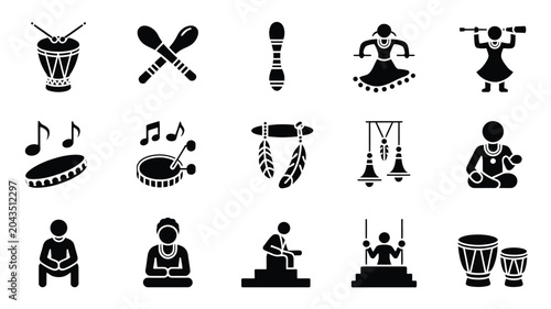 Foto Indigenous musical instruments and people icons for traditional culture and performance