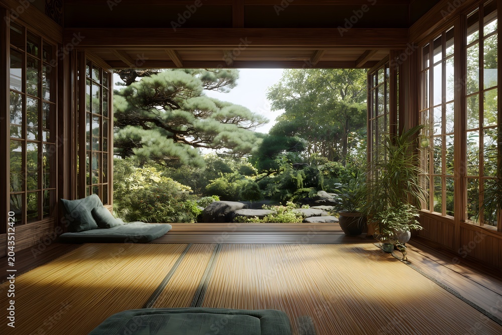 Fototapeta premium 日本庭園を望む広い和室と畳の落ち着いた旅館風景