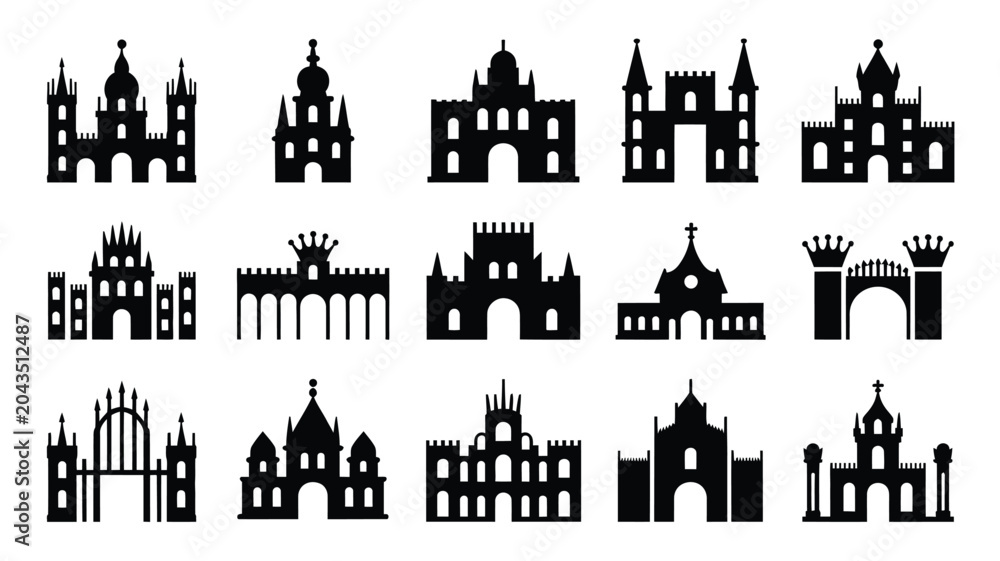 Fototapeta premium Ancient fortress and royal palace icons collection with traditional tower gate silhouettes.