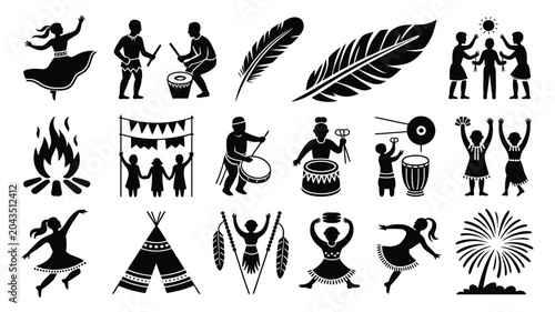 Indigenous dance and community celebration silhouettes with traditional tribal performers.