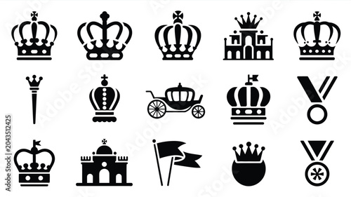 Schilderij op canvas Set of imperial crowns and royal objects including regal medals carriage and building icons