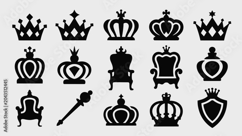 Foto Royal crowns thrones scepter shield insignia and regal symbols vector collection