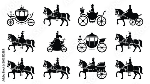 Foto Royal carriage and equestrian silhouette set with horse riders and vintage coach designs