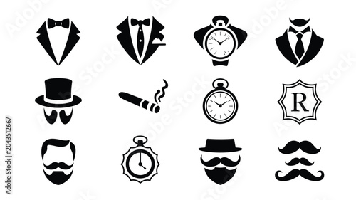 Canvas Print Gentleman vintage style icons set with tuxedo bow tie pocket watch and mustache silhouettes